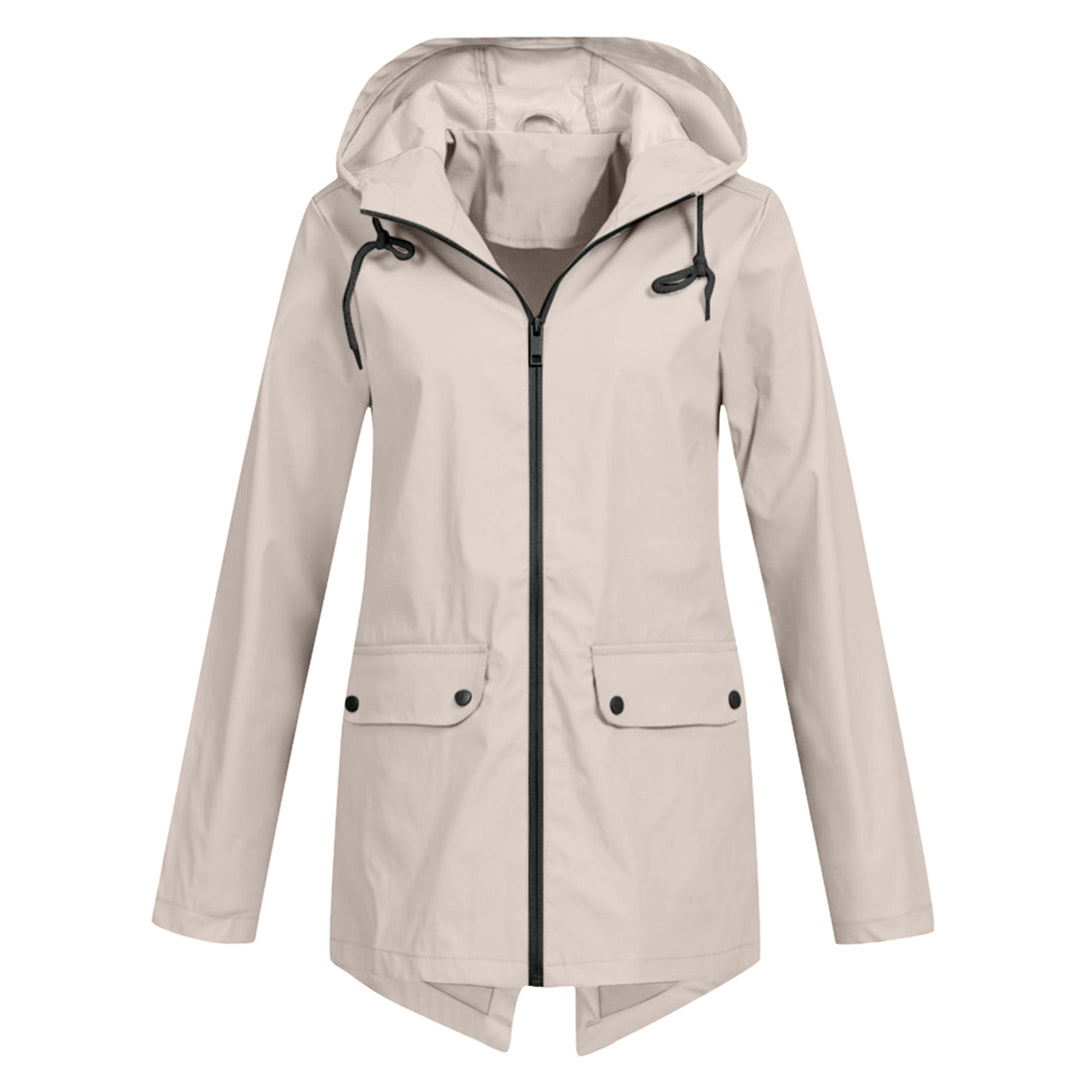 Women's - Lightweight Waterproof Jacket - Hooded Raincoat with Drawstring Waist