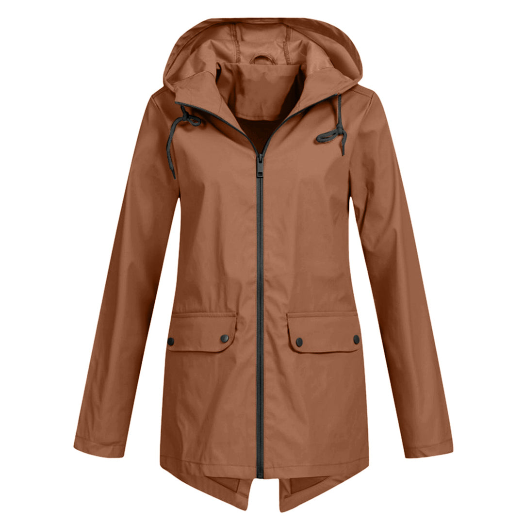 Women's - Lightweight Waterproof Jacket - Hooded Raincoat with Drawstring Waist