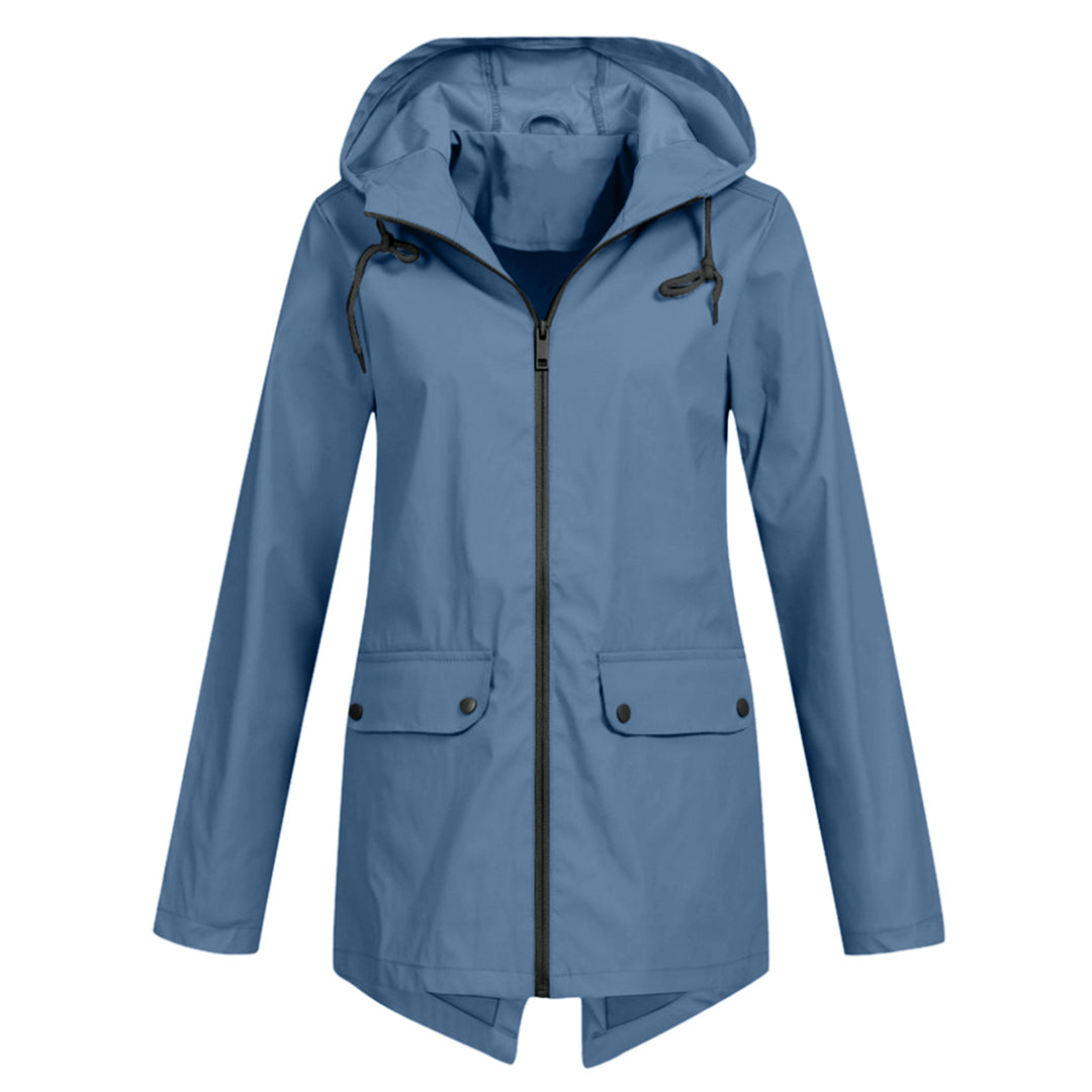 Women's - Lightweight Waterproof Jacket - Hooded Raincoat with Drawstring Waist