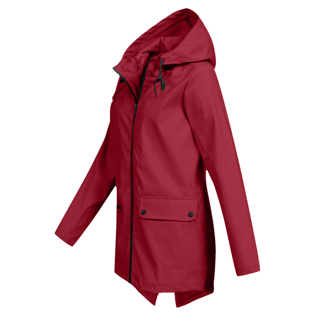 Women's - Lightweight Waterproof Jacket - Hooded Raincoat with Drawstring Waist