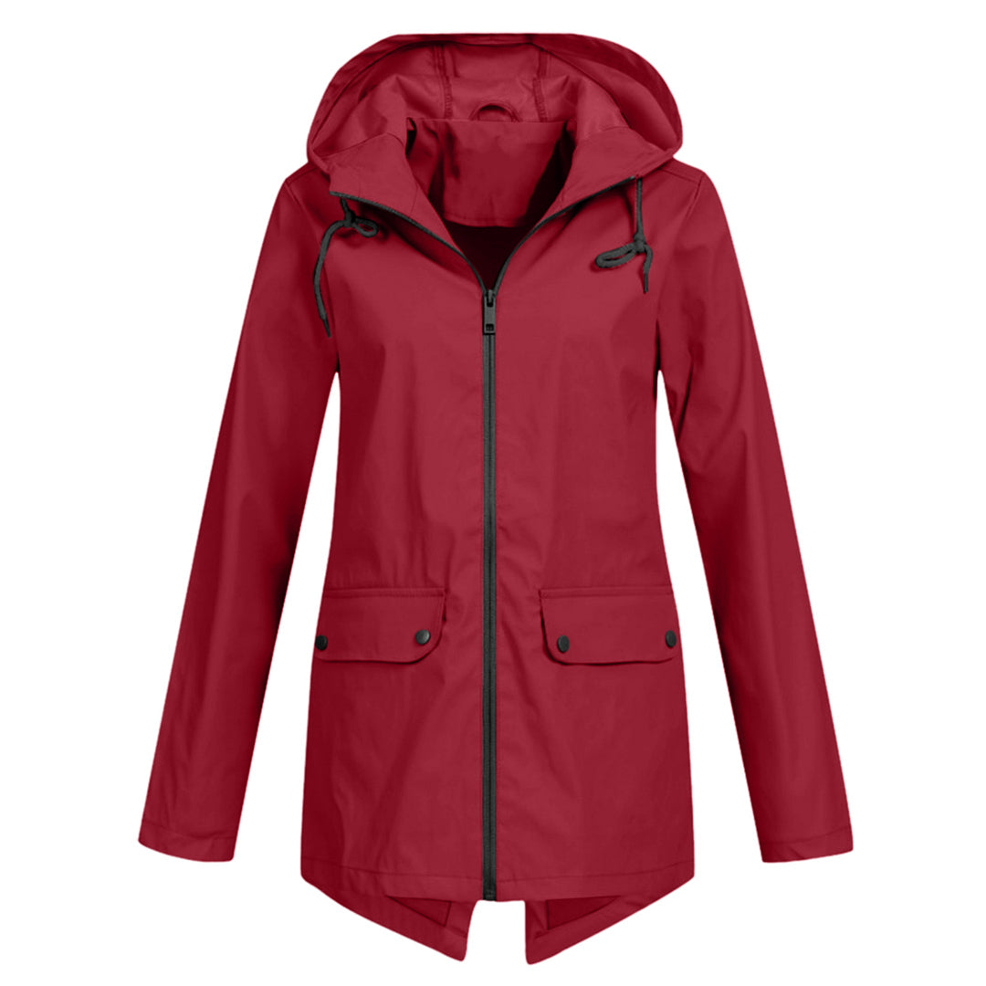 Women's - Lightweight Waterproof Jacket - Hooded Raincoat with Drawstring Waist