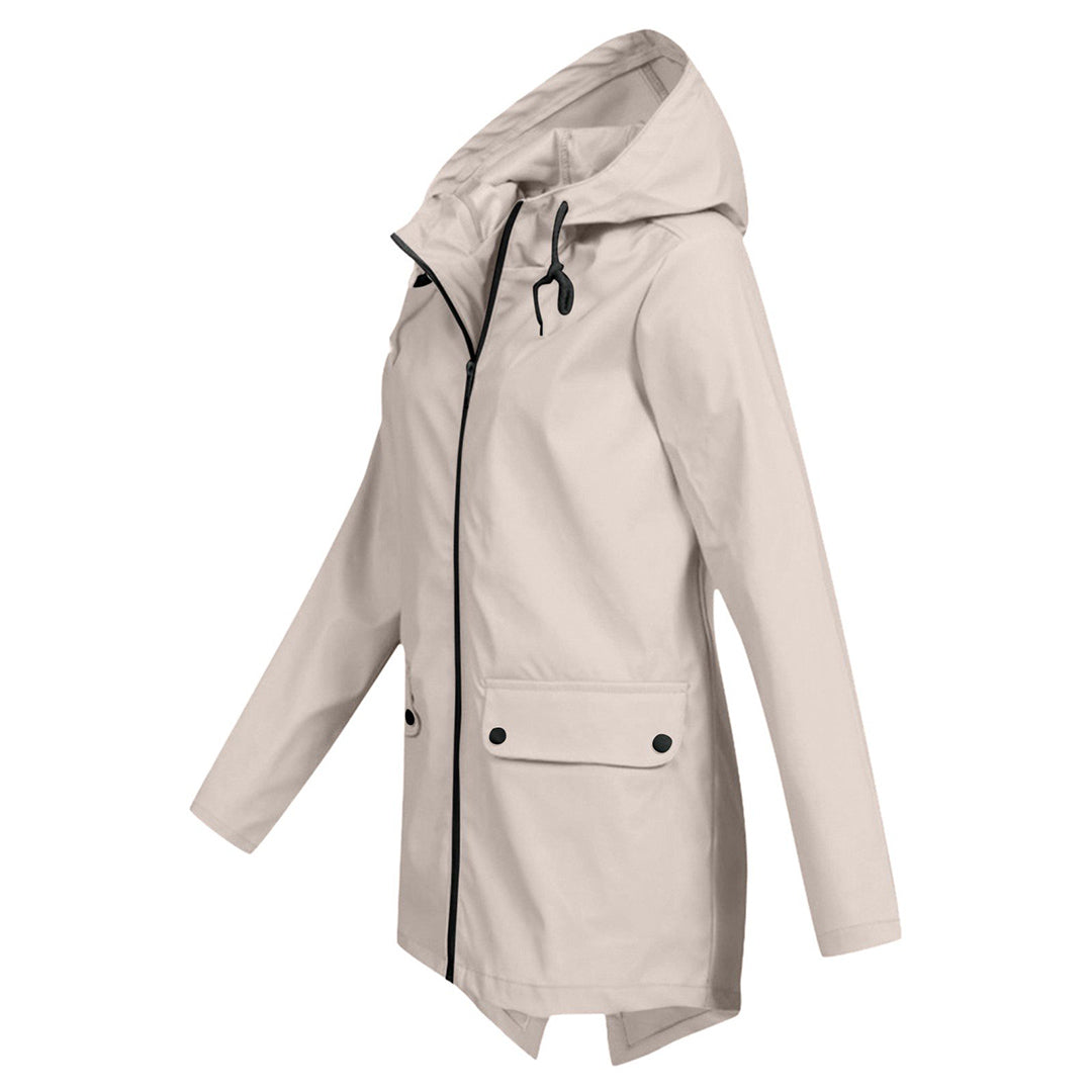 Women's - Lightweight Waterproof Jacket - Hooded Raincoat with Drawstring Waist