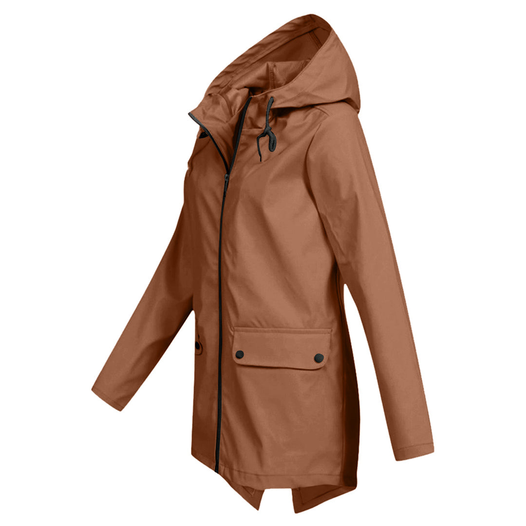 Women's - Lightweight Waterproof Jacket - Hooded Raincoat with Drawstring Waist