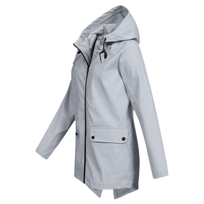 Women's - Lightweight Waterproof Jacket - Hooded Raincoat with Drawstring Waist