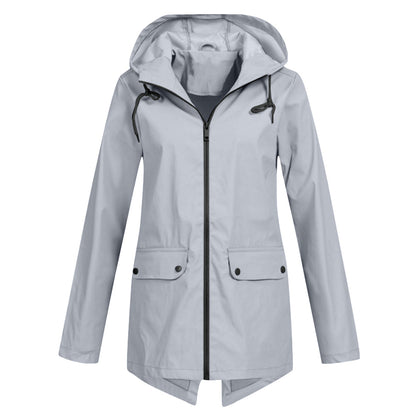 Women's - Lightweight Waterproof Jacket - Hooded Raincoat with Drawstring Waist