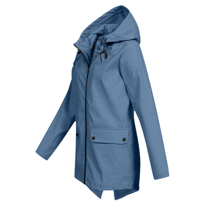 Women's - Lightweight Waterproof Jacket - Hooded Raincoat with Drawstring Waist